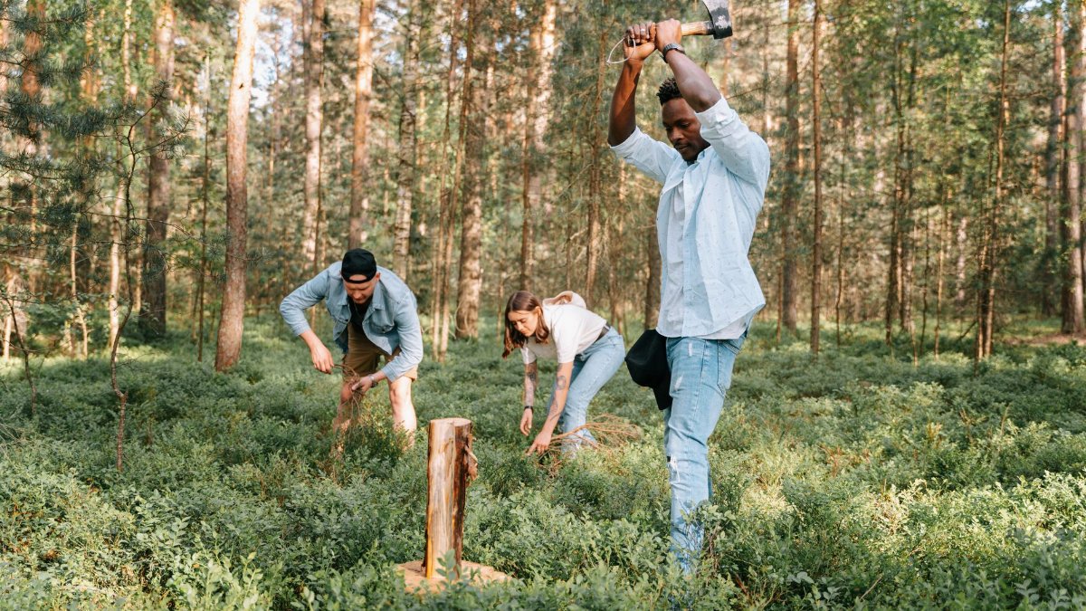 Three people foraging and chopping wood in a lush green forest on a sunny day.