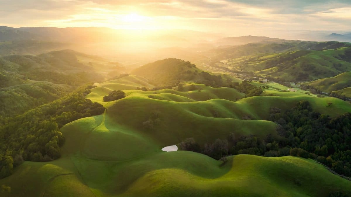 Beautiful rolling hills illuminated by sunrise light in San Jose, California.