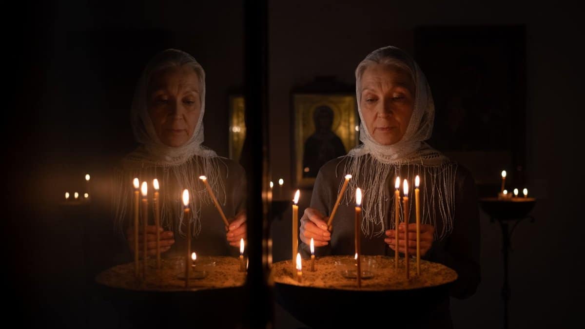 Elderly woman lighting candles in a dimly lit church, reflecting prayerfully.