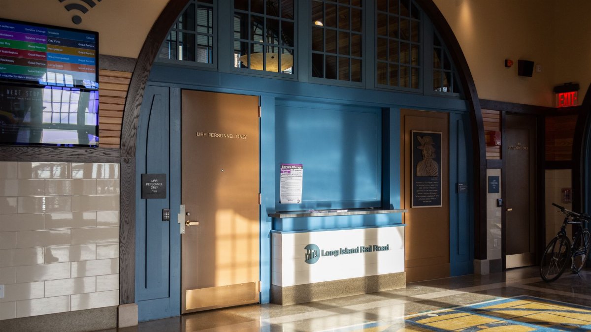Interior view of Long Island Rail Road Station entrance in Wyandanch, NY with employee-only access.