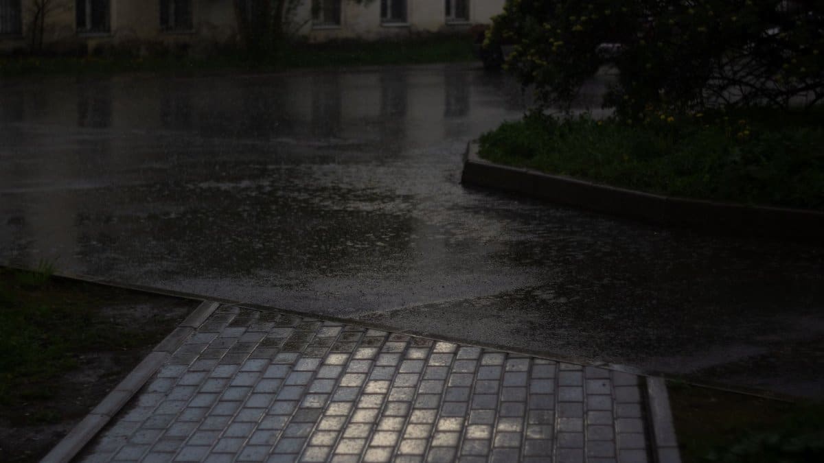 Quiet urban scene with wet pavement reflecting evening rain.