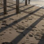 Long shadows cast by pier posts on a sandy sea beach during sunset.