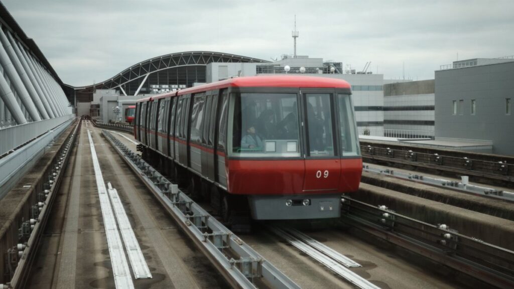 A red monorail approaches an open-air station in Osaka, Japan, showcasing modern urban transport.