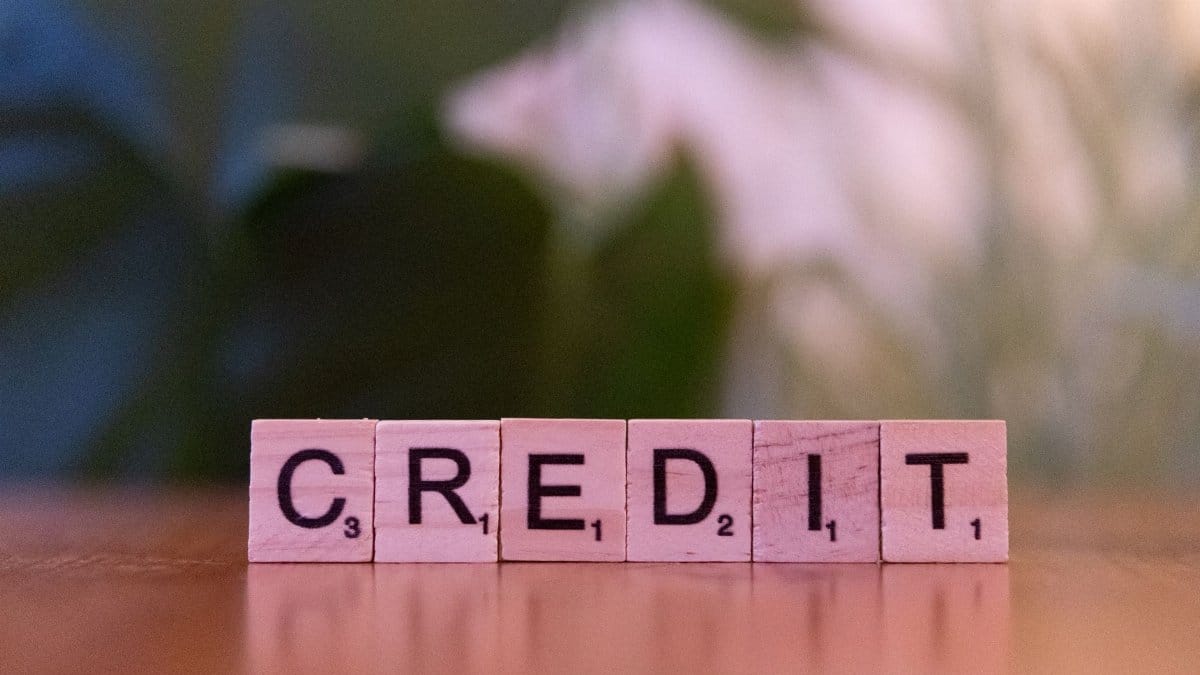 Close-up of wooden blocks spelling 'credit' with a blurred leafy background.