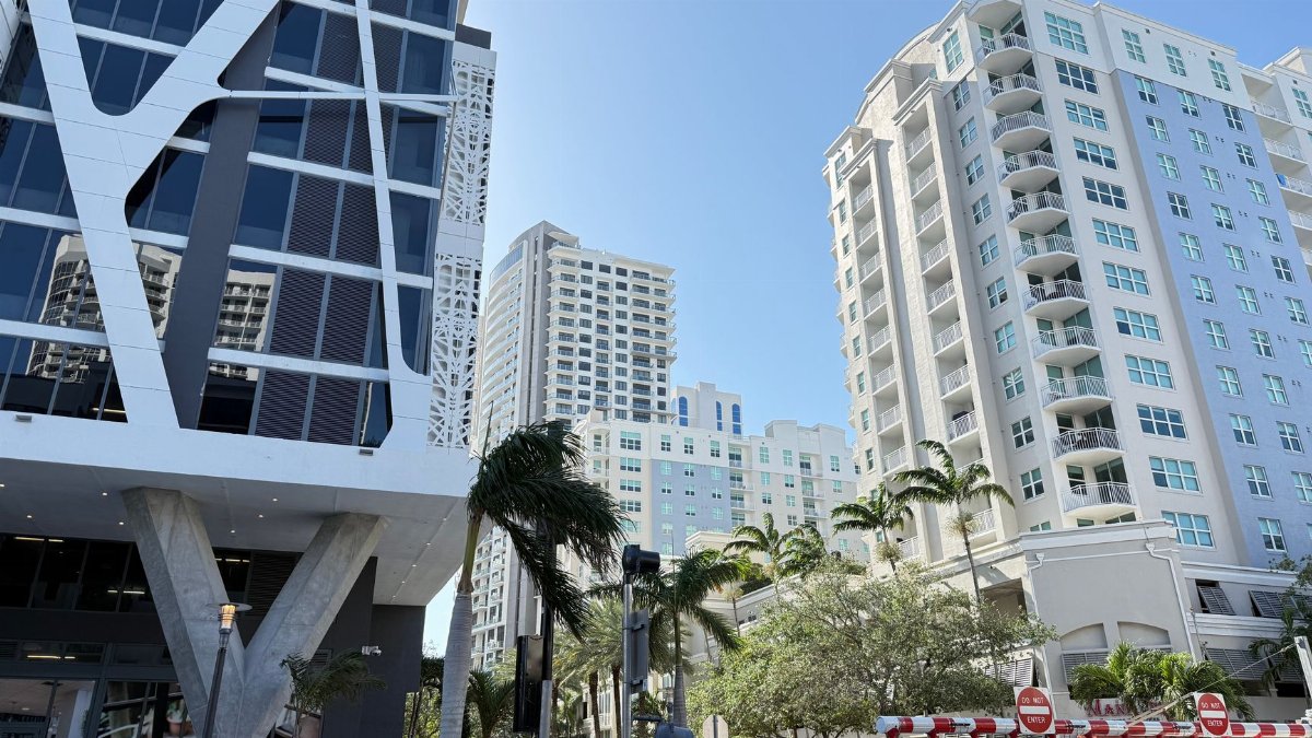 High-rise buildings with contemporary design elements in a vibrant urban cityscape on a sunny day.