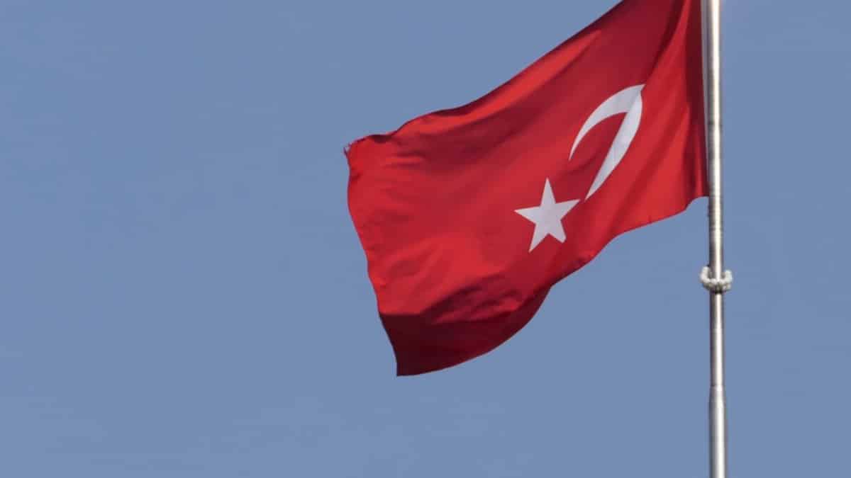 Turkish national flag waving against a clear blue sky, symbolizing national pride.