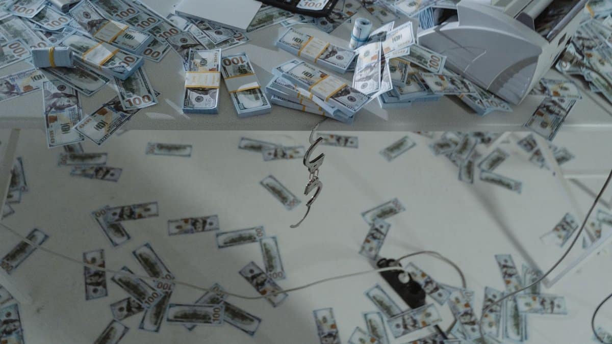 Stacks of US dollar bills scattered across a desk with a money counter and calculator.