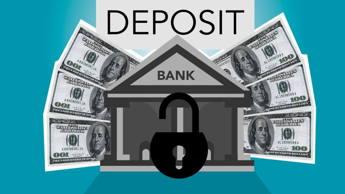 Decorative cardboard illustration of lock on bank with American paper money under Deposit inscription on blue background