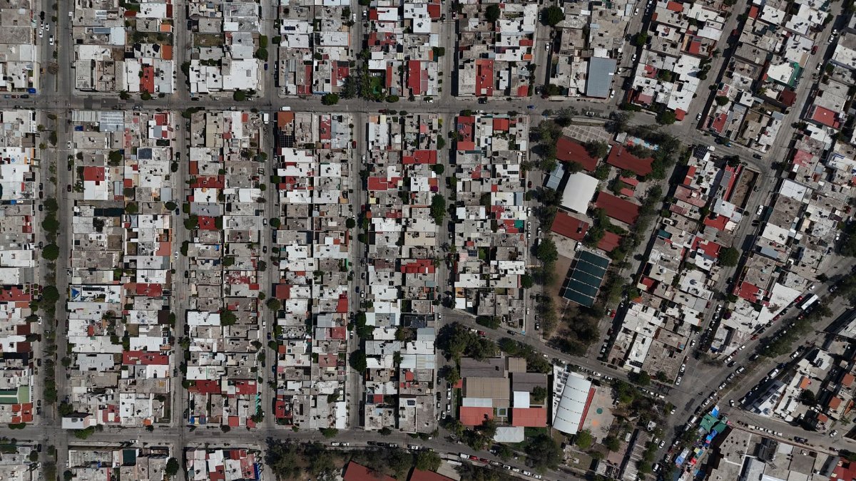 High-resolution aerial view showcasing urban housing blocks in Aguascalientes, Mexico.