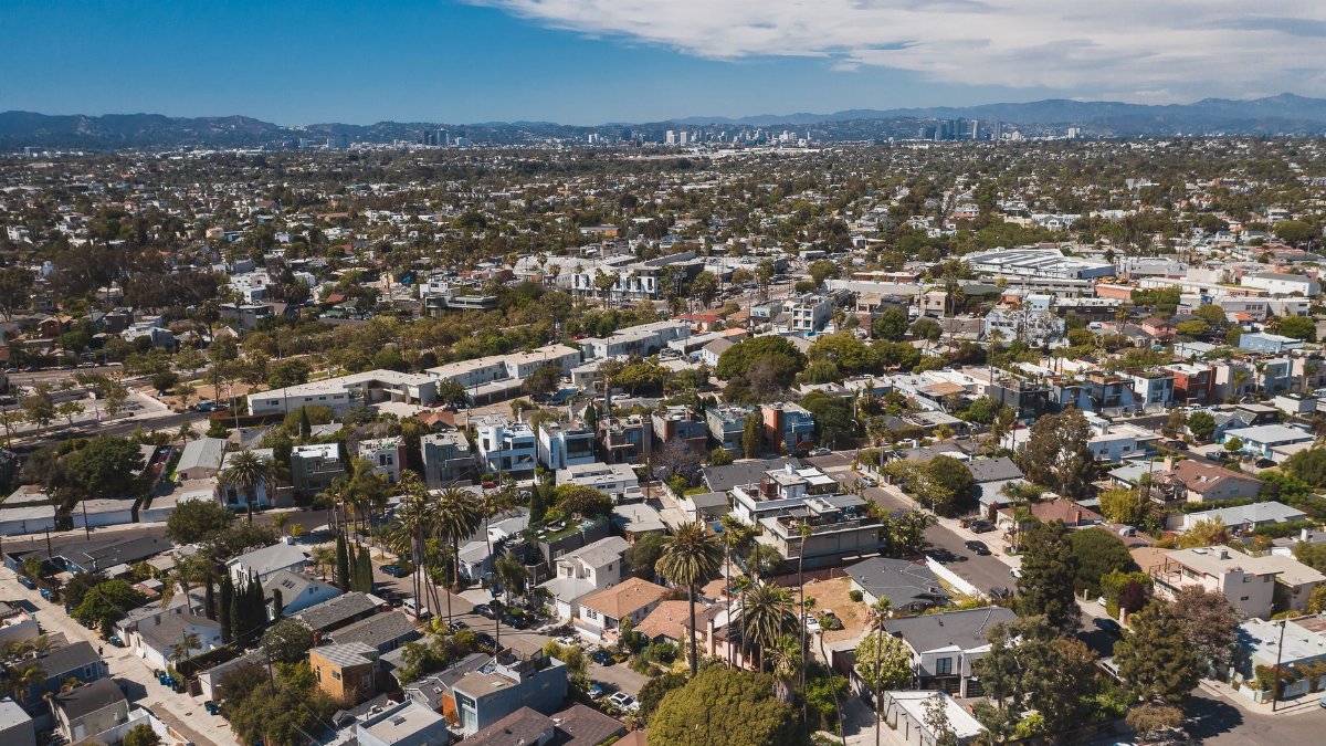 Aerial image capturing a sprawling residential area with a distant city skyline under a clear blue sky.