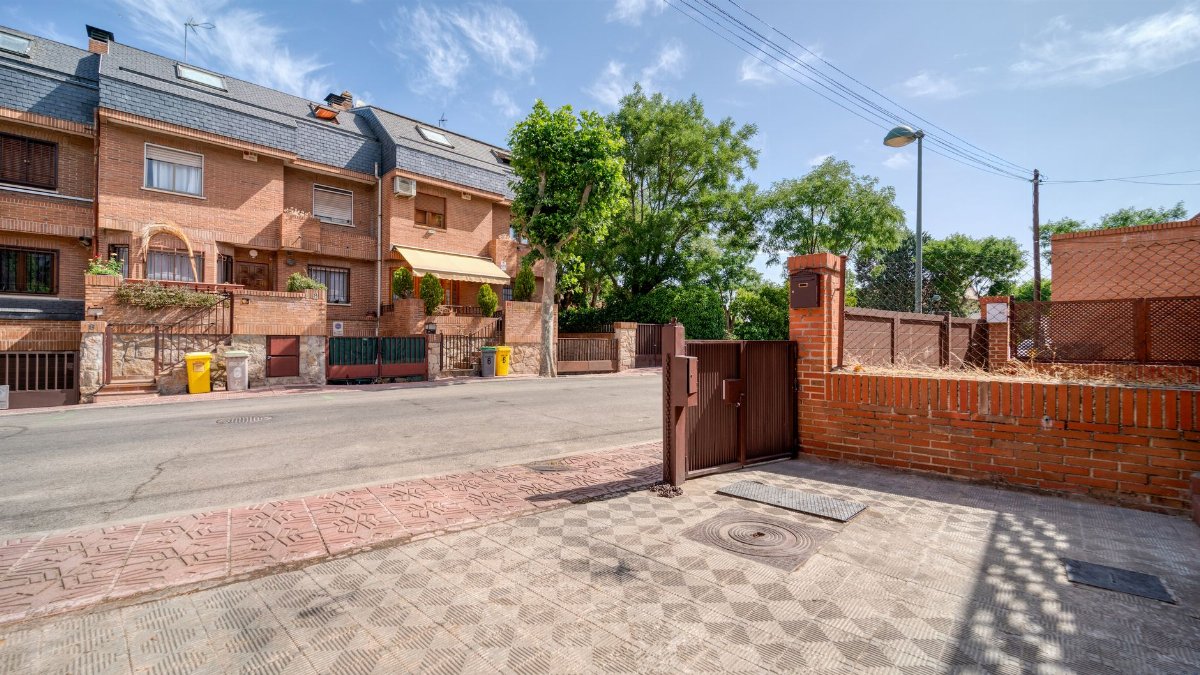 Picturesque suburban brick homes with sunny street view, showcasing serene urban lifestyle.