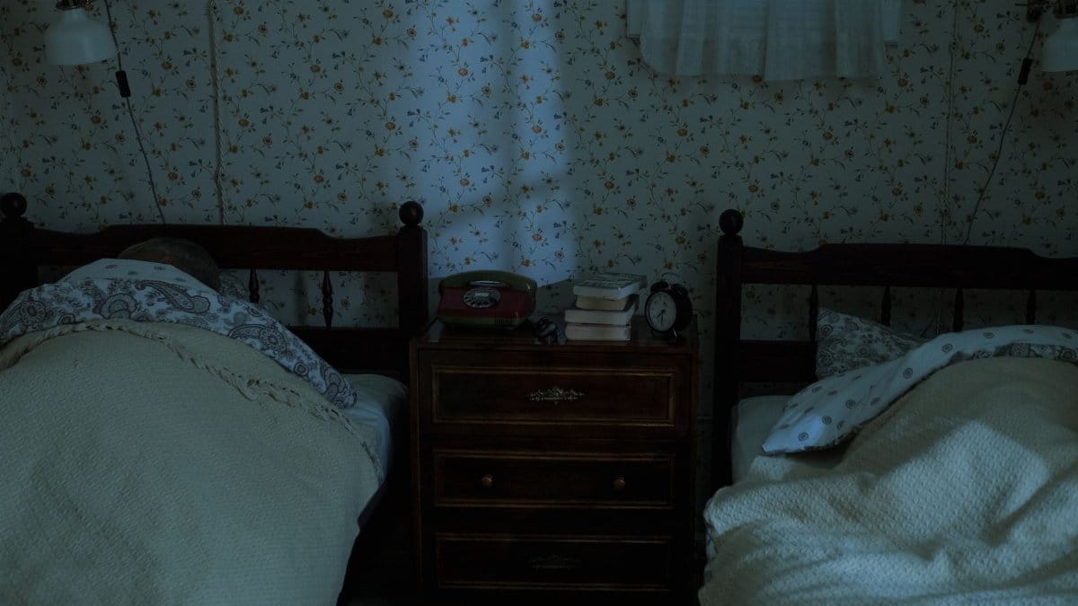 A vintage bedroom setting with two people sleeping under dim lighting, creating a tranquil nighttime feel.