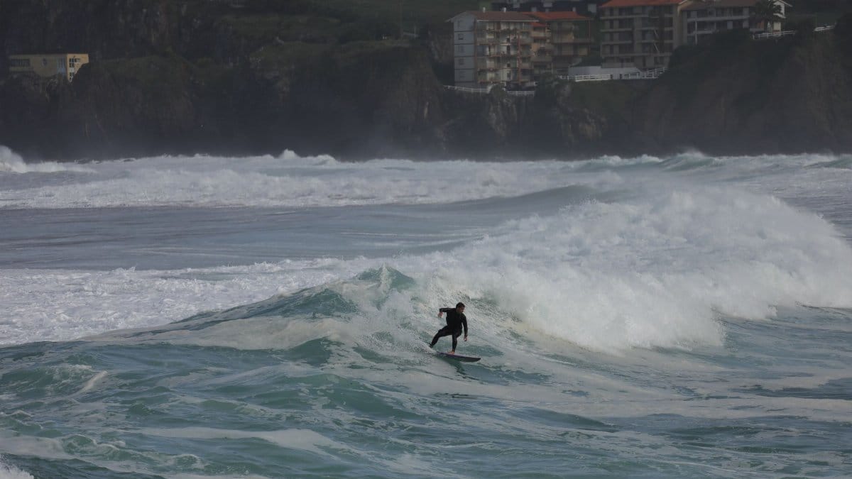 Surfer skillfully riding a wave near coastal cliffs, showcasing surfing lifestyle and natural beauty.