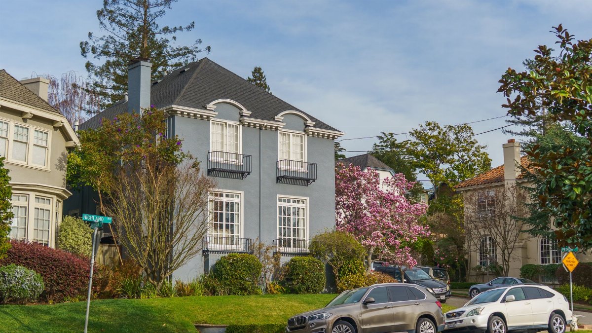 Charming suburban street with elegant houses and blooming trees under a clear sky.