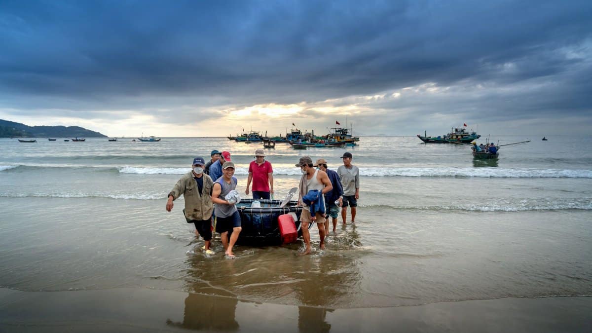 A group of fishermen returning to the shore at dusk with fishing boats on the horizon.