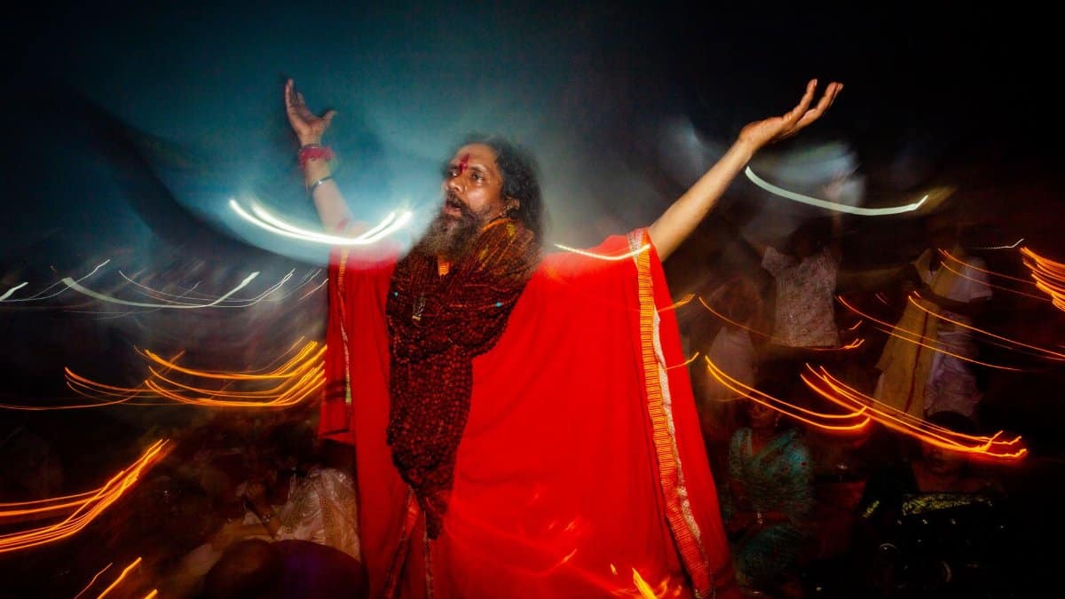 A vibrant night scene featuring a spiritual gathering with expressive motions and bright colors.