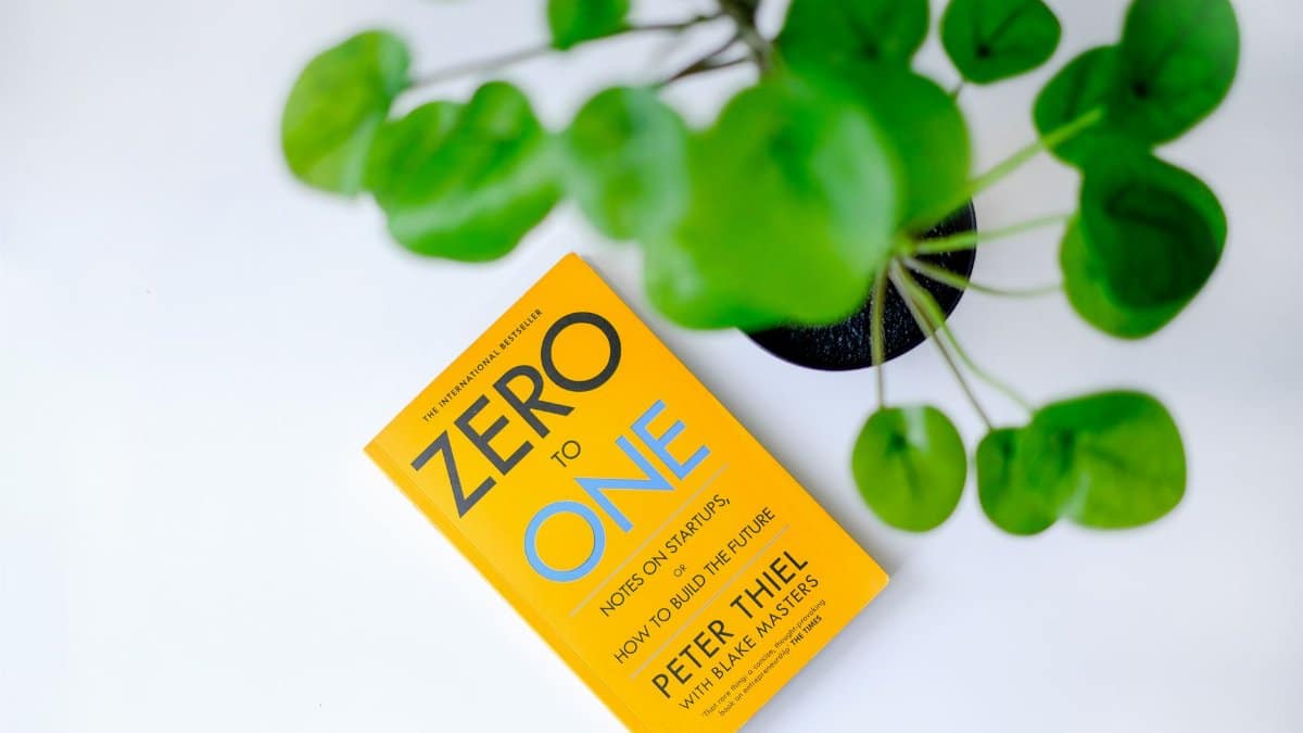 Overhead view of 'Zero to One' book next to a green plant on a white surface.