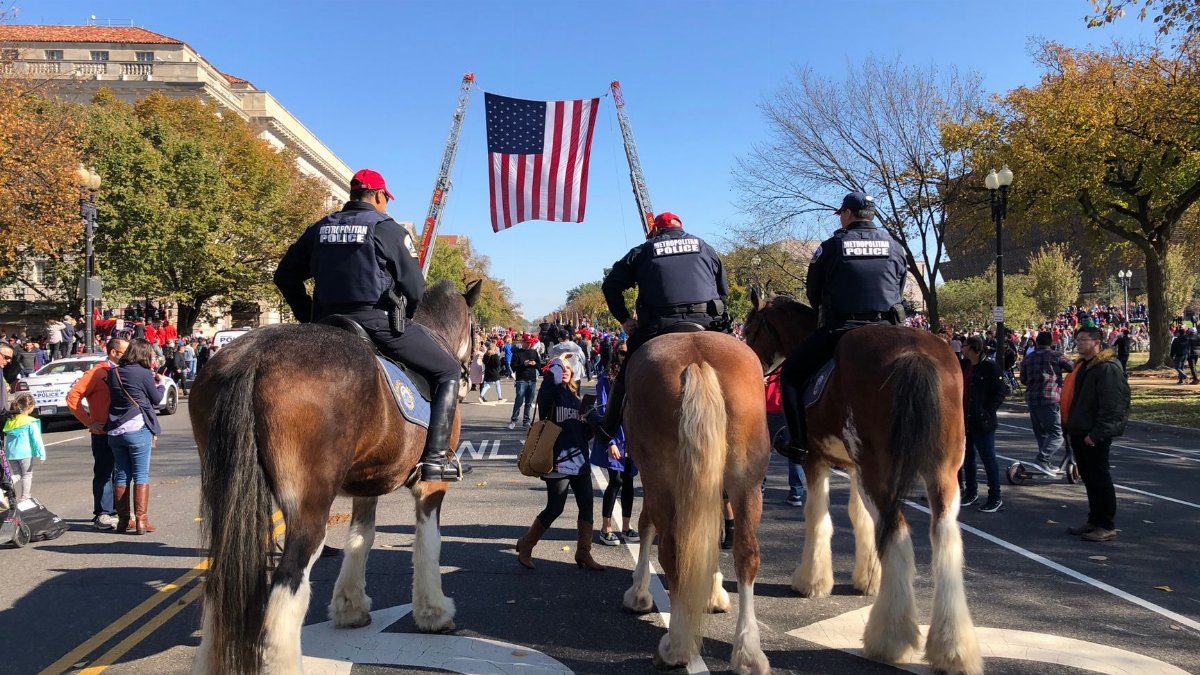 Mounted police officers on horses in a street parade with the US flag in Washington, DC.