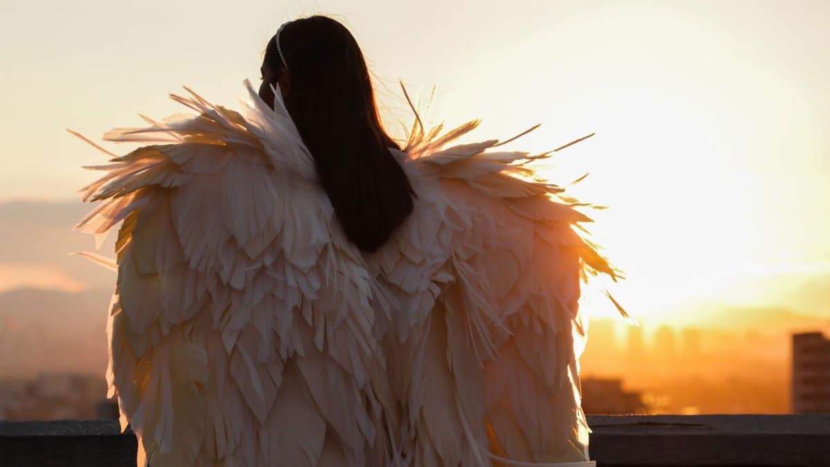 Silhouette of person with angel wings against a vibrant sunset sky on a rooftop.