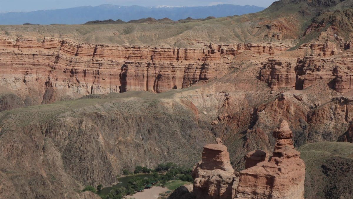 Breathtaking aerial view of Charyn Canyon's rugged geology in Kazakhstan's Almaty region.