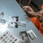 A prisoner in an orange jumpsuit reviews crime scene photos in a jail interrogation room.