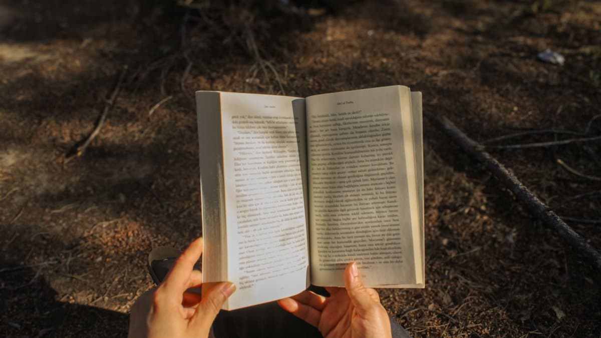 Person reading a book outdoors in Yalova, Türkiye, enjoying sunlight and nature.