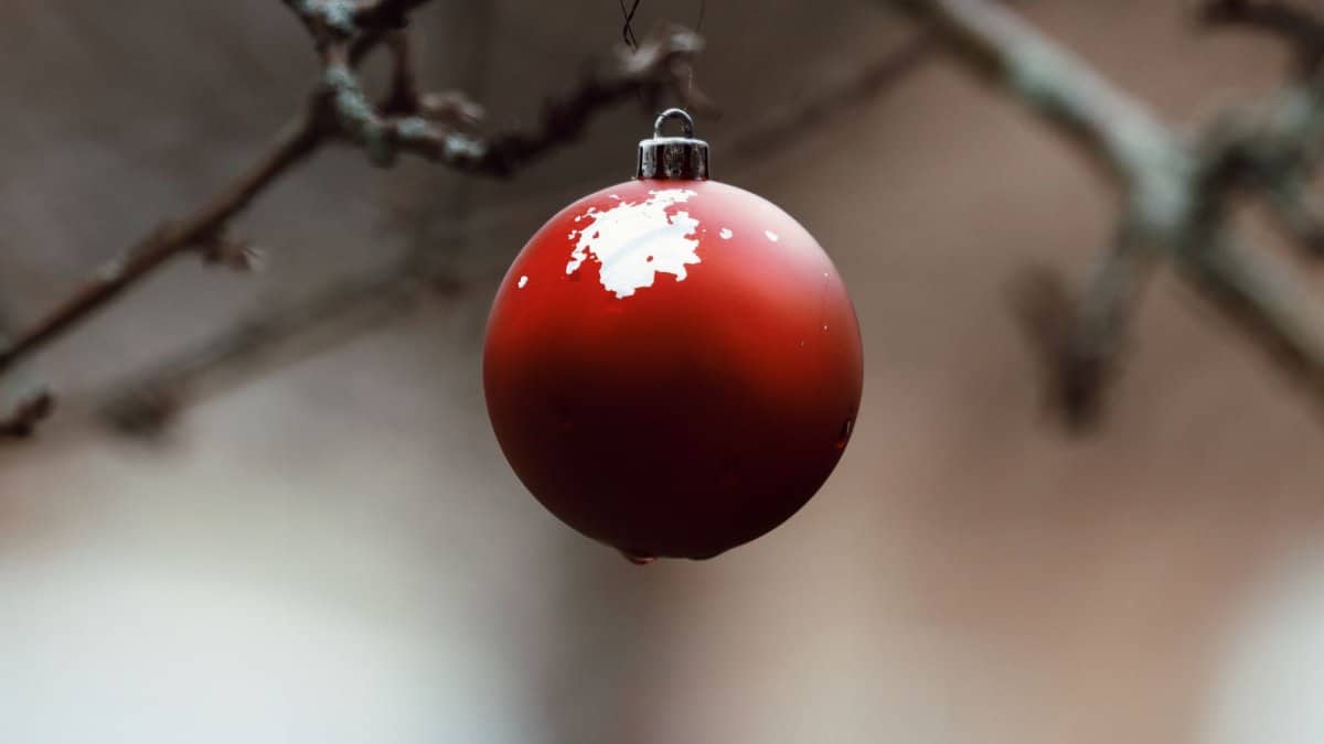 A red Christmas ornament hanging on a bare tree branch in winter in Jönköping, Sweden.