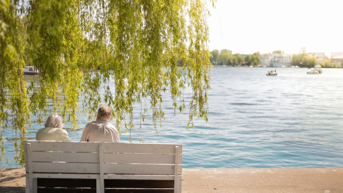 Serene scene of an elderly couple sitting on a bench by a lakeside under a willow tree.