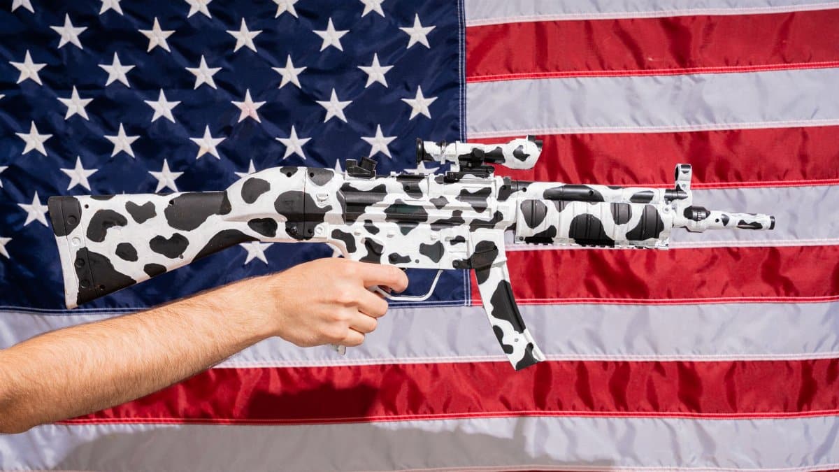 Cow-patterned rifle held in front of American flag, symbolizing culture clash.