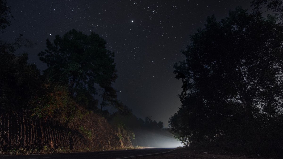 Stunning night sky full of stars over a road in Meghalaya, India.