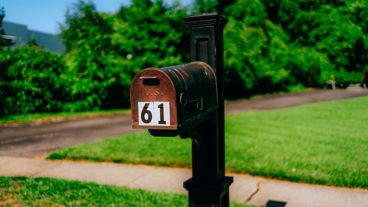 A traditional mailbox with number 61 in a rural setting, surrounded by greenery.