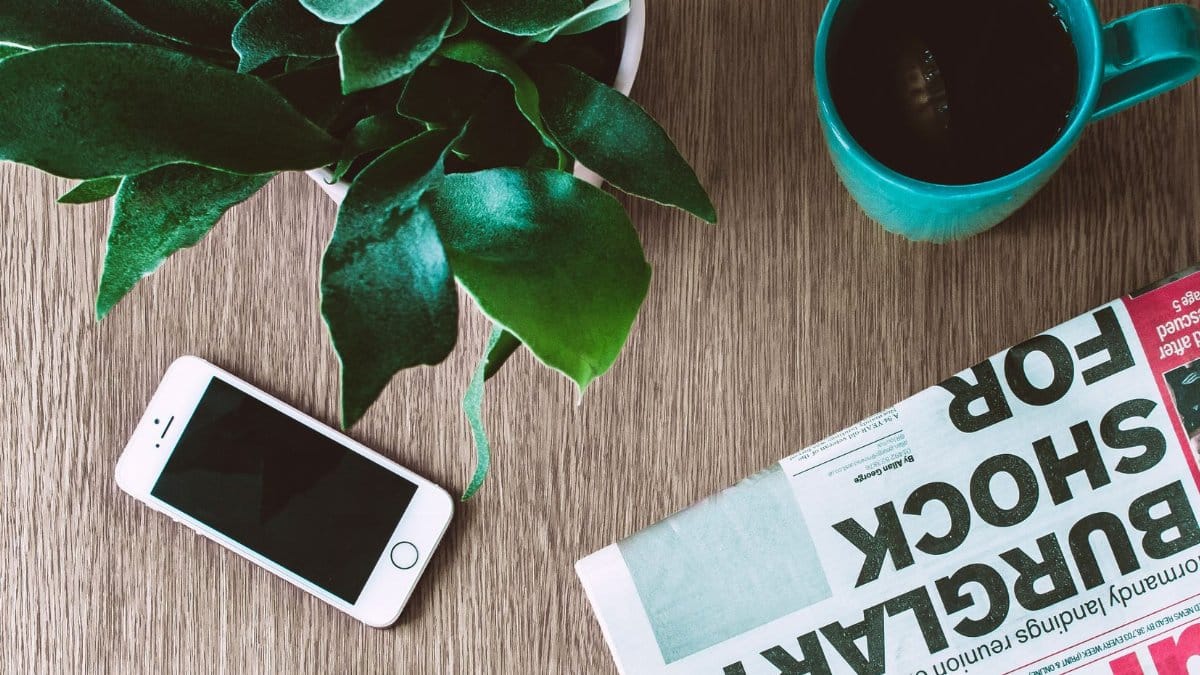 Flat lay arrangement of a coffee mug, newspaper, smartphone, and plant on a wooden table.