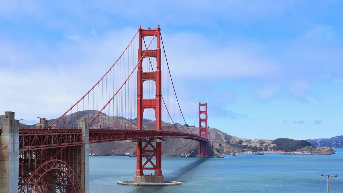 Scenic view of the iconic Golden Gate Bridge in San Francisco under a clear blue sky.