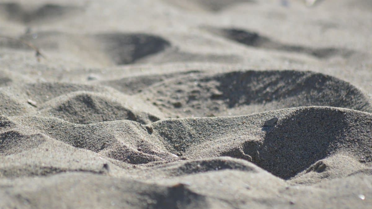 Captivating close-up of intricate sand patterns on a beach shore under sunlight.