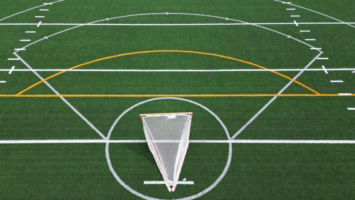 Aerial view of an empty sports field with soccer net and lines.