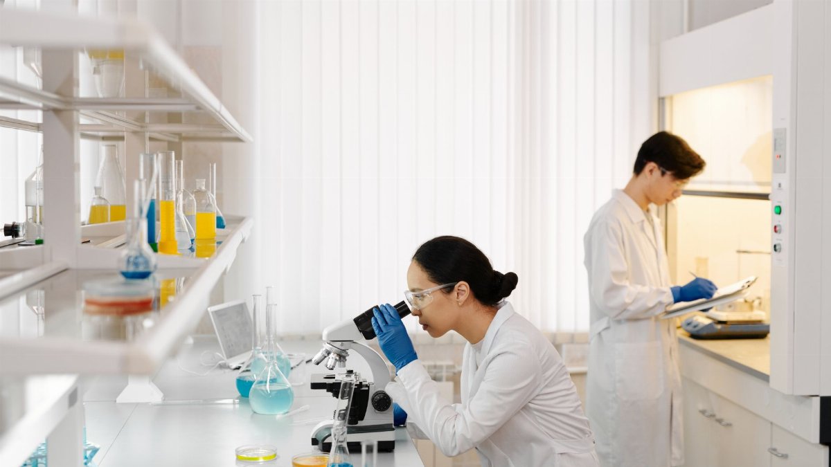 Two scientists working in a well-equipped laboratory with microscopes and test tubes.