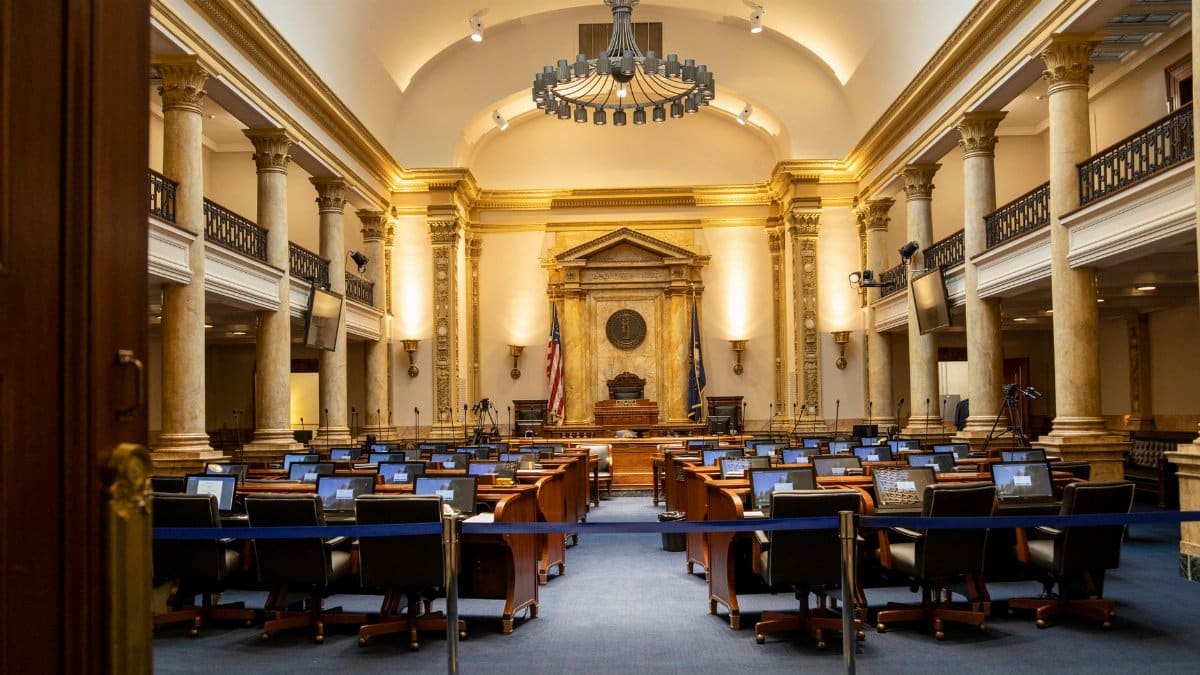 A grand government chamber with elegant columns and seating. Perfect for politics or architecture themes.