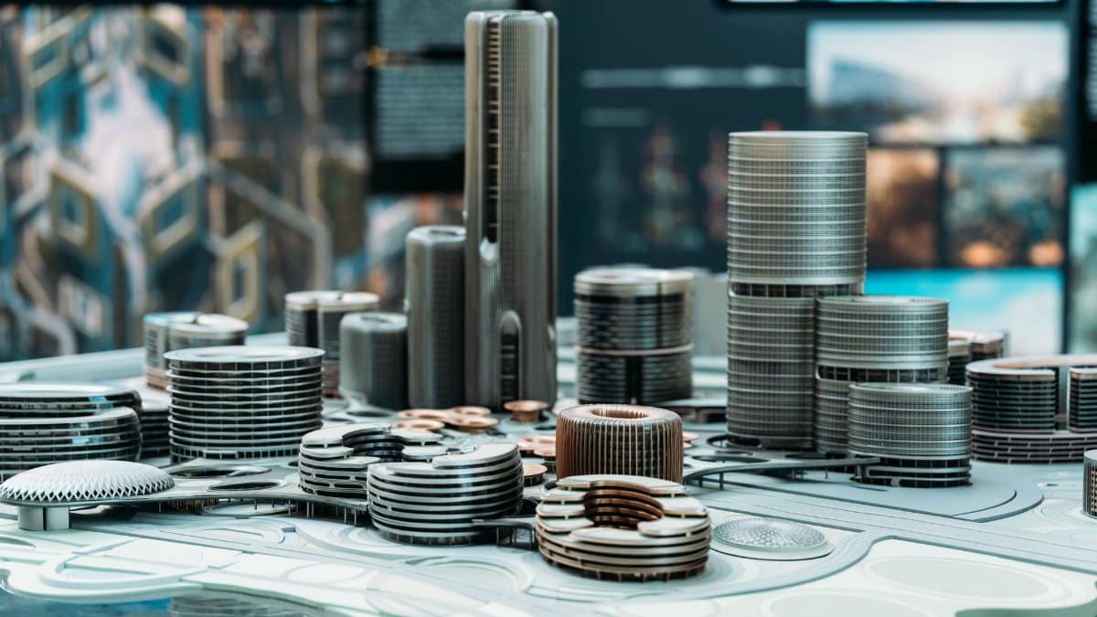 Intricate architectural model showcasing a futuristic modern city with unique building designs.