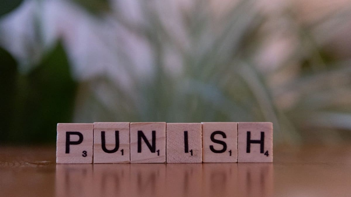 Scrabble tiles spelling 'punish' against a blurred natural background.