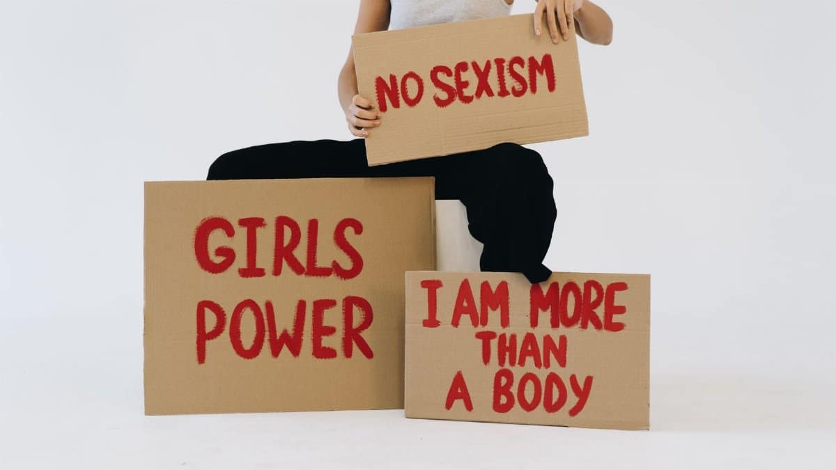 Studio shot of protest signs advocating women's empowerment and equality.