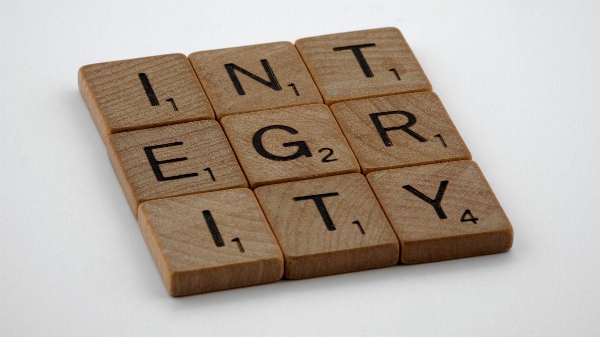 Wooden scrabble tiles spelling 'INTEGRITY' on a white background, emphasizing honesty and ethics.