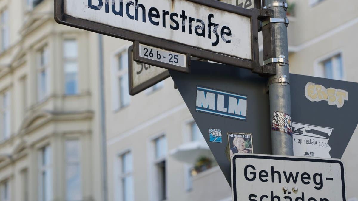 Detailed view of street signs in Blücherstraße, Berlin, Germany.