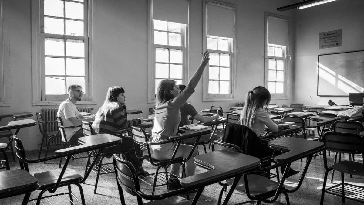 Students in a classroom during a lesson, with one raising hand.