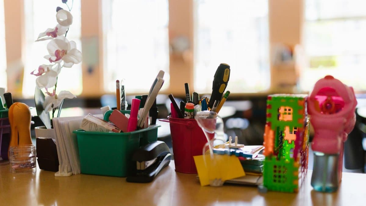A well-organized desk in a sunny room with office supplies and an orchid in full bloom.