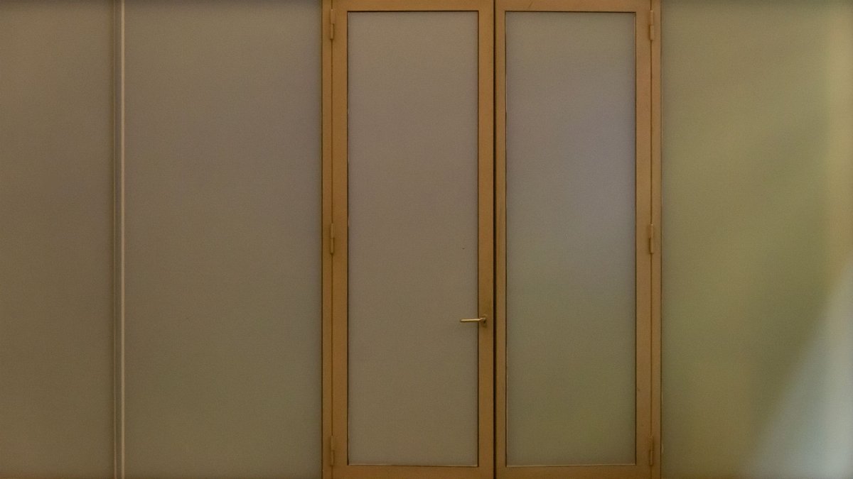A minimalist beige door with frosted glass panels creating a modern aesthetic in an indoor setting.