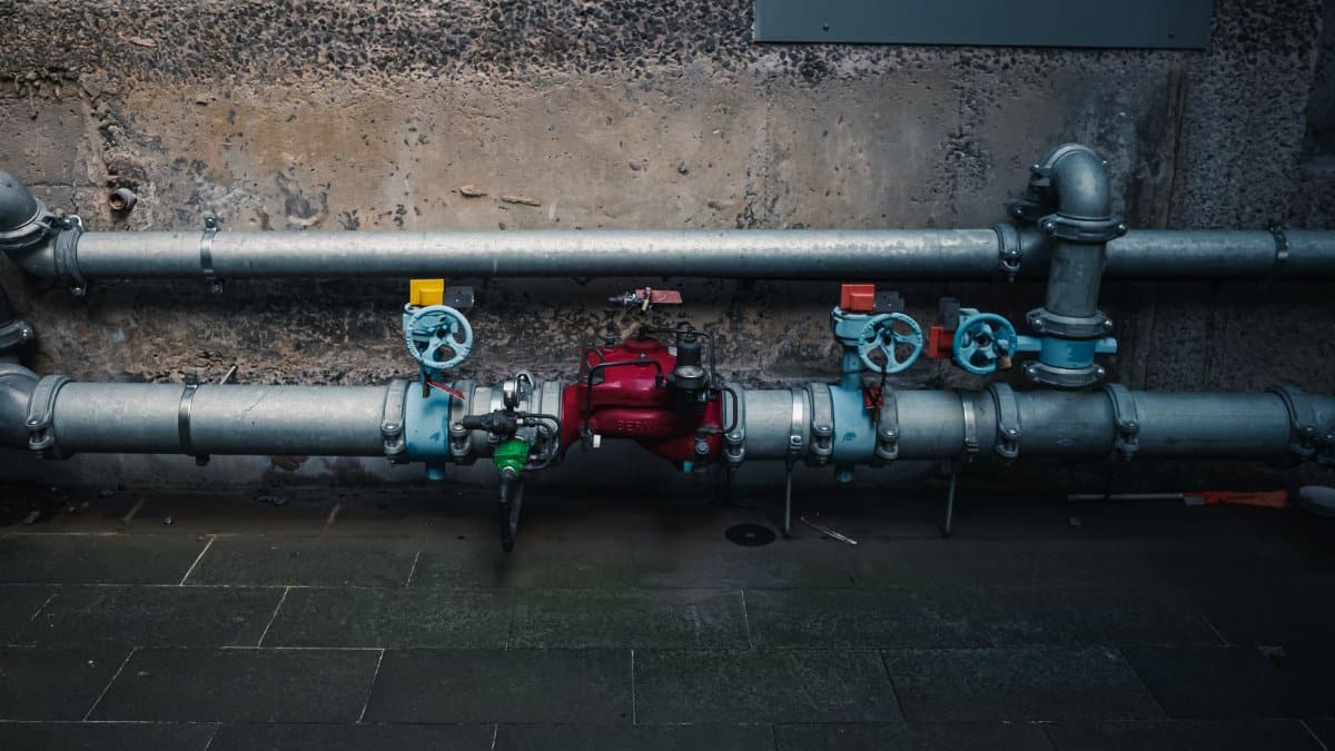 A detailed view of industrial pipes with colorful valves on a textured wall.