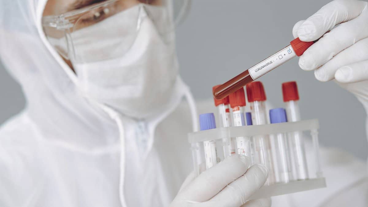 Focused young male in protective suit and gloves holding tube of blood sample with positive COVID 19 results