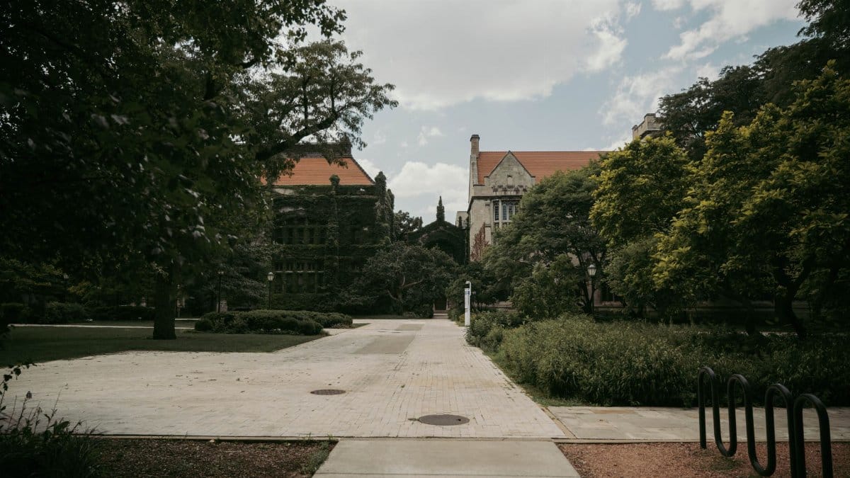 Scenic view of a historic university campus with lush greenery and architectural buildings in Chicago.