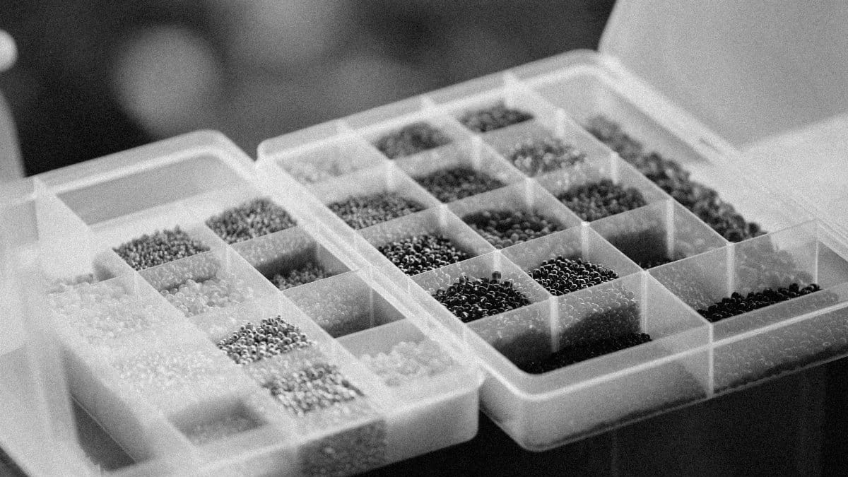 A grayscale close-up image of assorted beads organized in a plastic case, showcasing detailed craftsmanship.