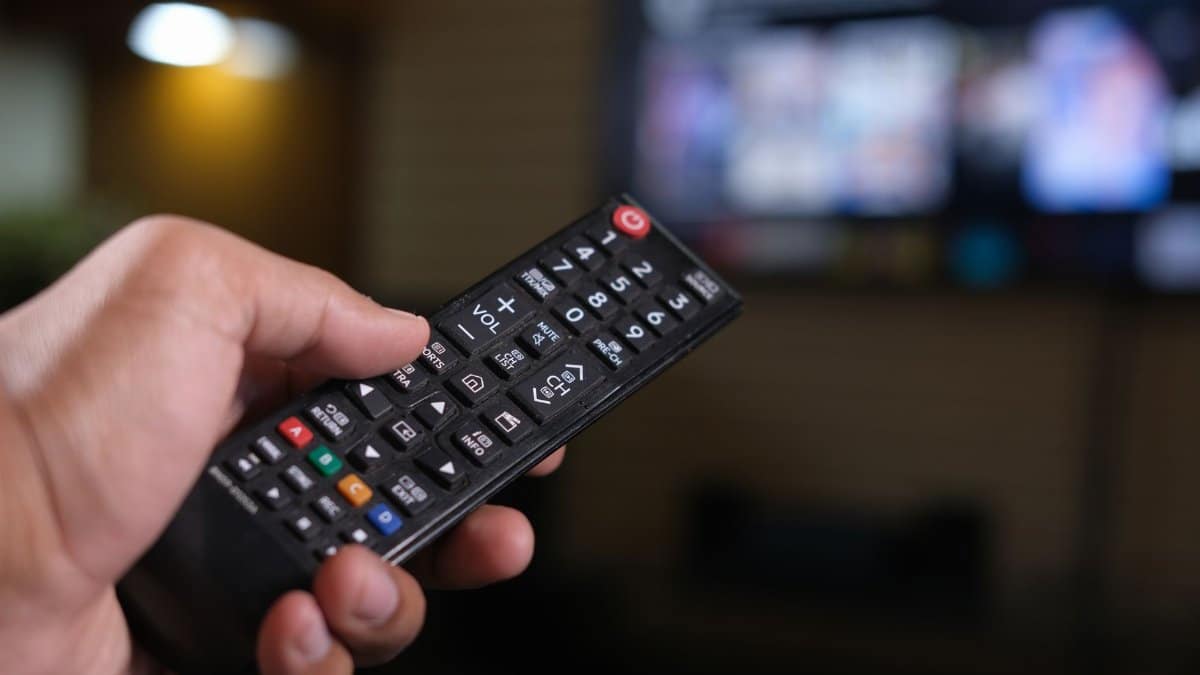 Person holding a remote control with a blurred TV screen in the background.